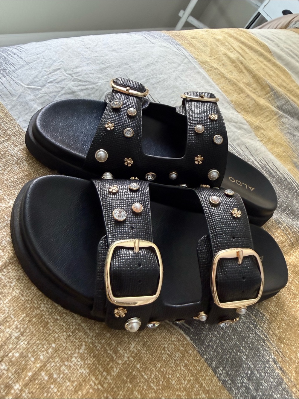 Aldo Black Pearl & Crystal Buckle Slide Sandals
